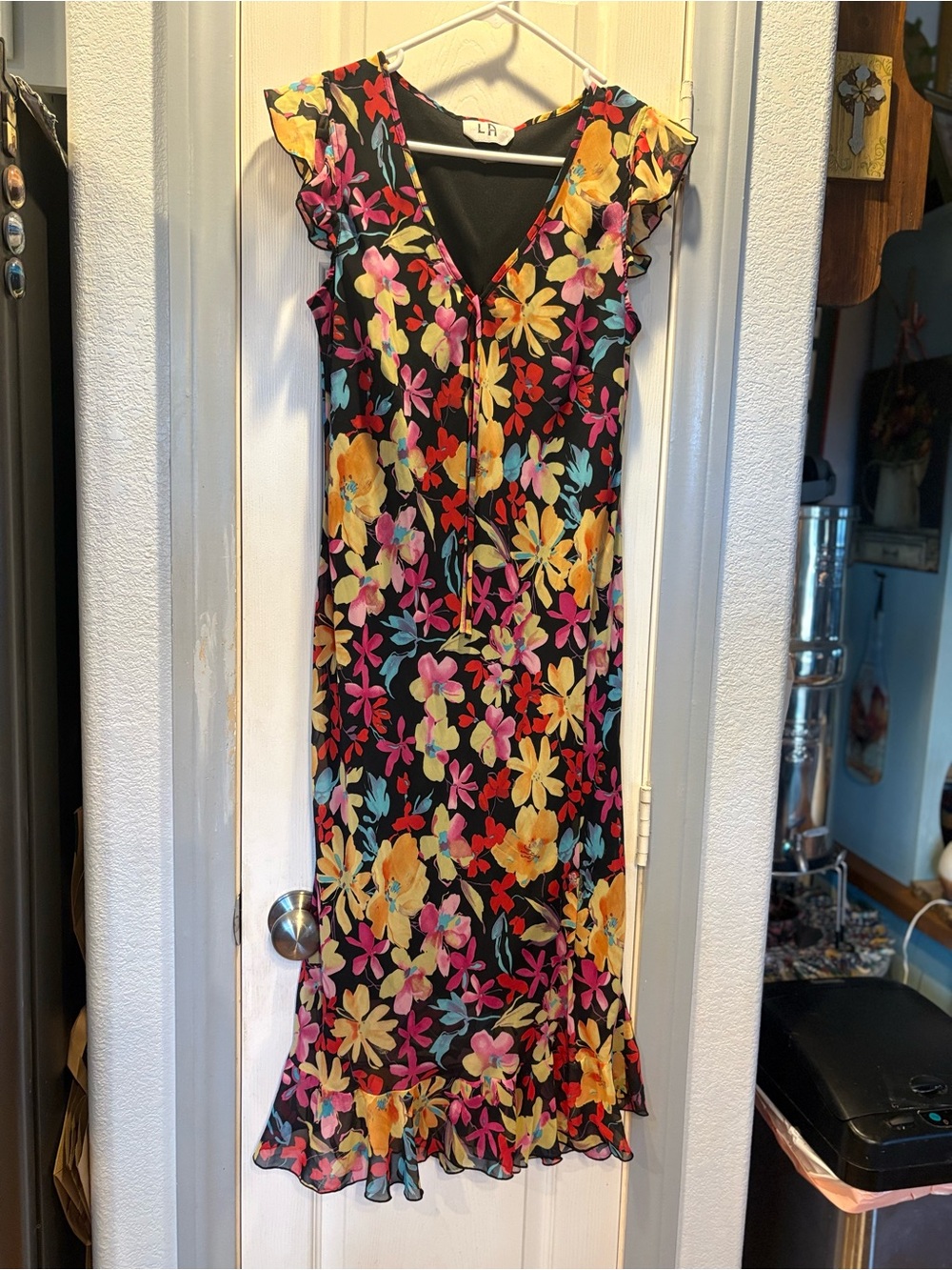 LPA Black Floral Midi Dress with Yellow & Pink Blooms